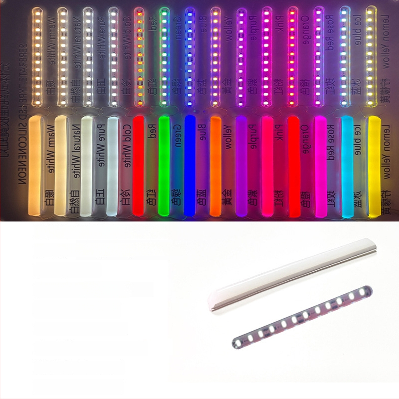 LED Jagatud Neonriba — paindlik silikoon, veekindel välireklaami valgustus; 8W/m, 5/12V, 110/120 LED (2835), valgusvihude nurk 120°, tööiga 50 000 h