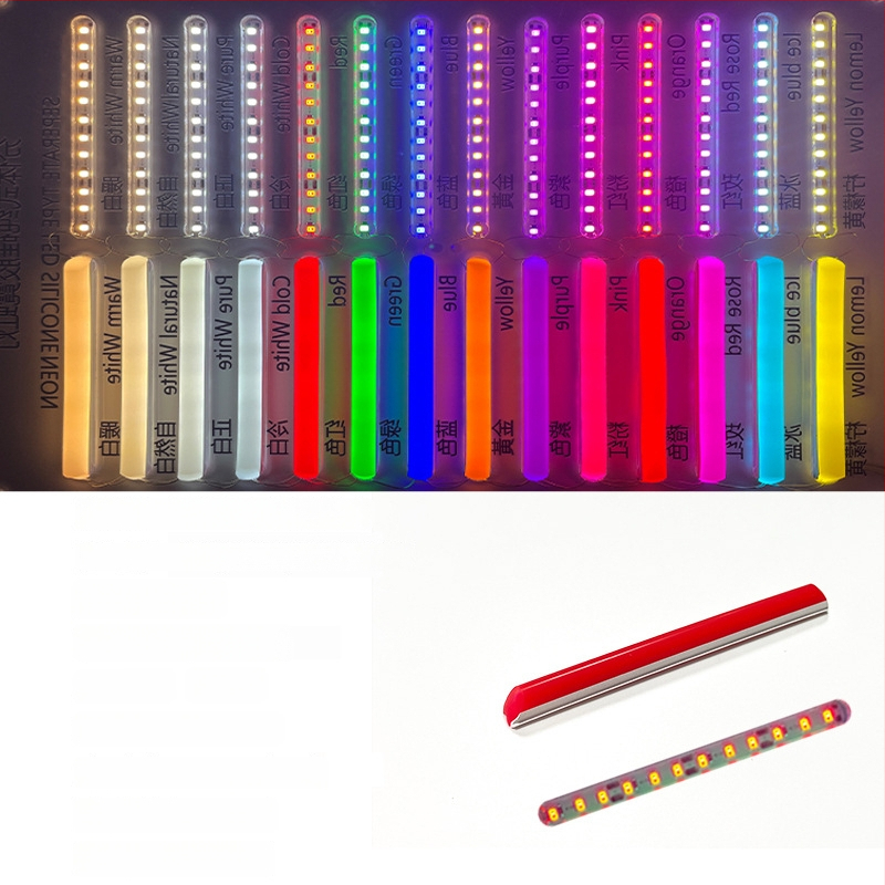 LED Jagatud Neonriba — paindlik silikoon, veekindel välireklaami valgustus; 8W/m, 5/12V, 110/120 LED (2835), valgusvihude nurk 120°, tööiga 50 000 h