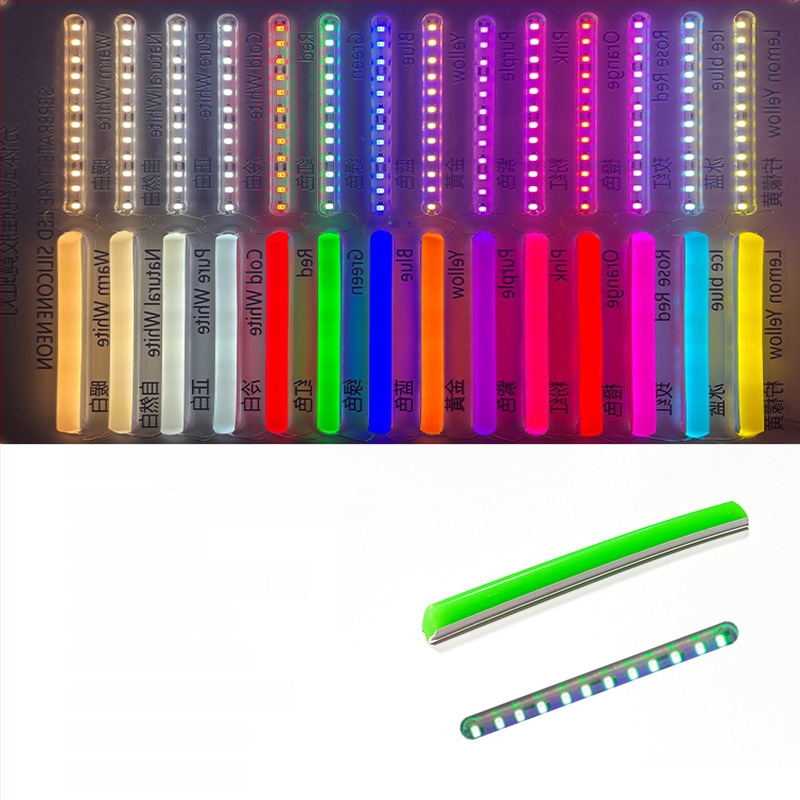 LED Jagatud Neonriba — paindlik silikoon, veekindel välireklaami valgustus; 8W/m, 5/12V, 110/120 LED (2835), valgusvihude nurk 120°, tööiga 50 000 h