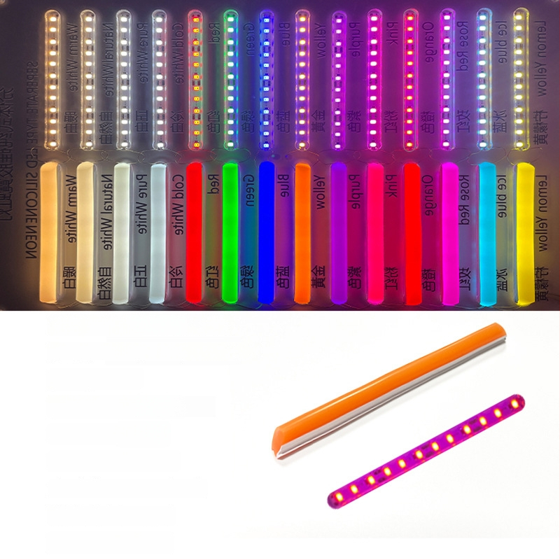 LED Jagatud Neonriba — paindlik silikoon, veekindel välireklaami valgustus; 8W/m, 5/12V, 110/120 LED (2835), valgusvihude nurk 120°, tööiga 50 000 h