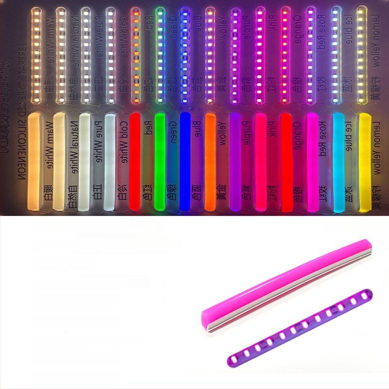 LED Jagatud Neonriba — paindlik silikoon, veekindel välireklaami valgustus; 8W/m, 5/12V, 110/120 LED (2835), valgusvihude nurk 120°, tööiga 50 000 h