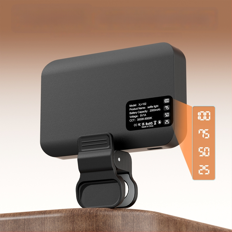LED apšvietimas selfiams ir vaizdo skambučiams, reguliuojama spalvos temperatūra 2500K–9900K, galia iki 10W, įėjimas 5V/2A, modelis XJ102
