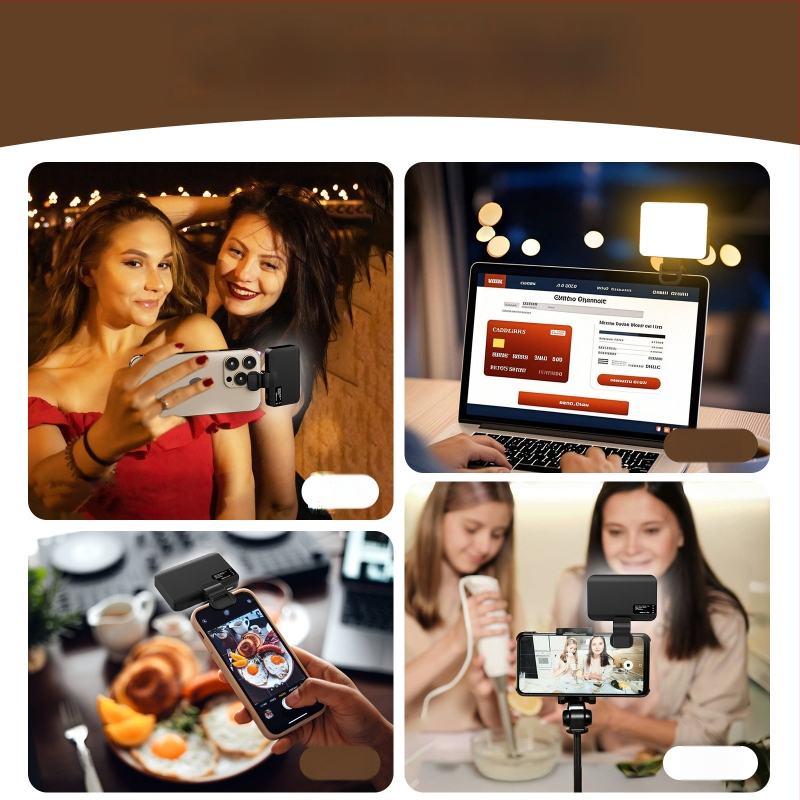 LED apšvietimas selfiams ir vaizdo skambučiams, reguliuojama spalvos temperatūra 2500K–9900K, galia iki 10W, įėjimas 5V/2A, modelis XJ102