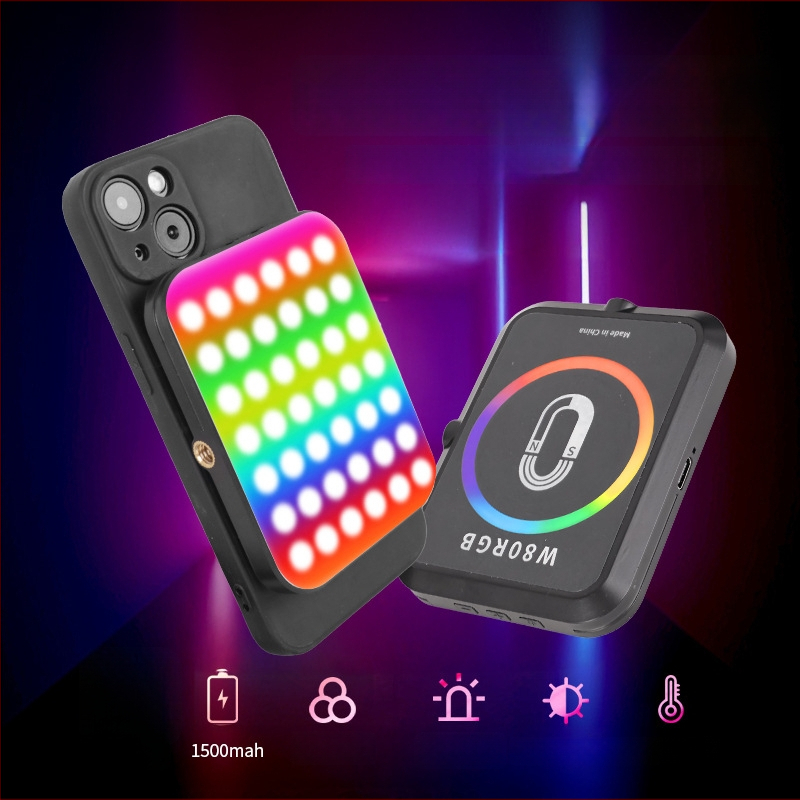 Magnetinė LED šviesa mobiliems telefonams, nešiojamas rankinis apšvietimas live ir selfie, 5W, įmontuota baterija, modelis W80RGB
