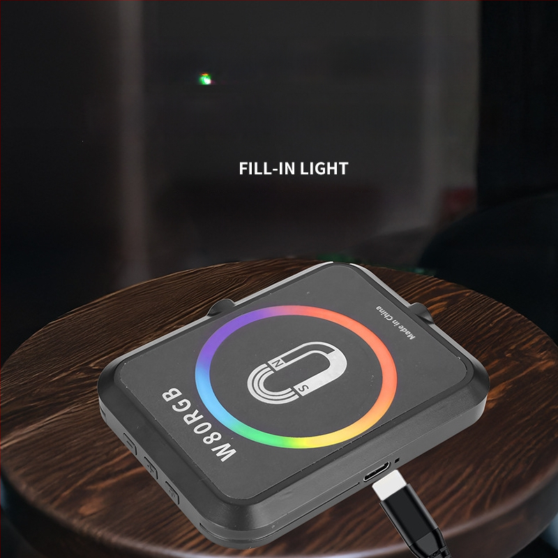 Magnetinė LED šviesa mobiliems telefonams, nešiojamas rankinis apšvietimas live ir selfie, 5W, įmontuota baterija, modelis W80RGB