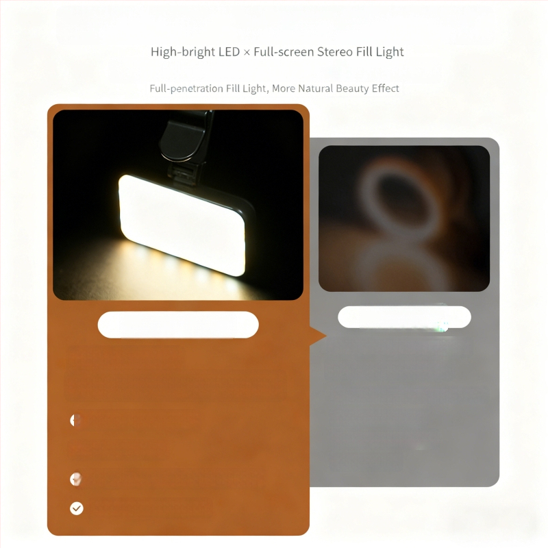 LED papildomas šviesos su klipsine tvirtinimo sistema — reguliuojamas šviesos intensyvumas, 2500–9900K spalvos temperatūra, USB maitinimas iki 10W, tinkama mobiliesiems selfiams ir planšetinių vaizdo konferencijoms