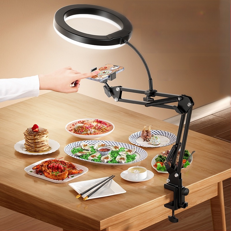 Telefono laikiklis vertikaliems/viršiniams įrašams su apšvietimu — stalinis tvirtinimas, 10–50W, 110V, modelis F10, daug pakopų reguliavimas