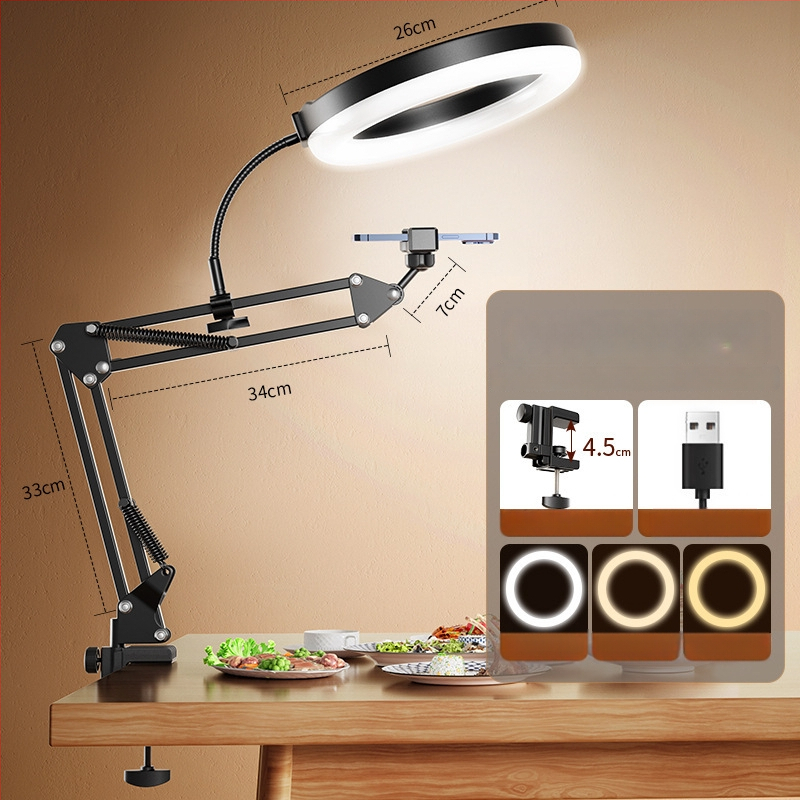 Telefono laikiklis vertikaliems/viršiniams įrašams su apšvietimu — stalinis tvirtinimas, 10–50W, 110V, modelis F10, daug pakopų reguliavimas