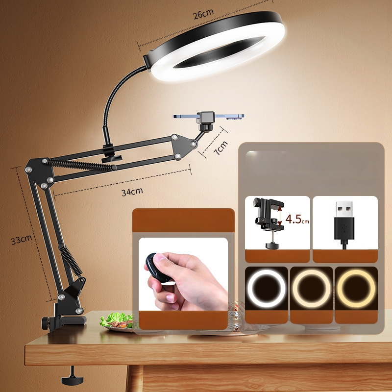 Telefono laikiklis vertikaliems/viršiniams įrašams su apšvietimu — stalinis tvirtinimas, 10–50W, 110V, modelis F10, daug pakopų reguliavimas