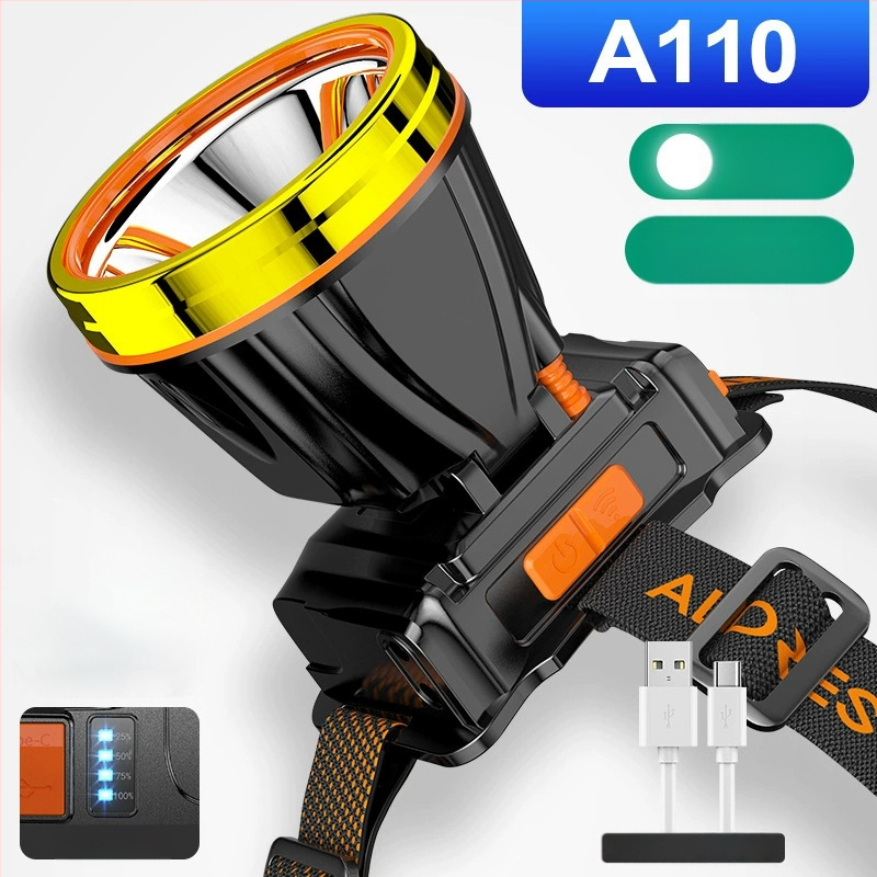 Lauko LED galvos žibintuvas – 10W, 2200mAh, rankinis įkrovimas, spindulys 200–500 m