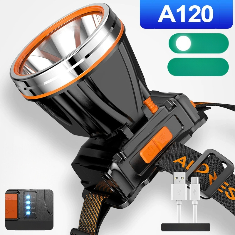 Lauko LED galvos žibintuvas – 10W, 2200mAh, rankinis įkrovimas, spindulys 200–500 m