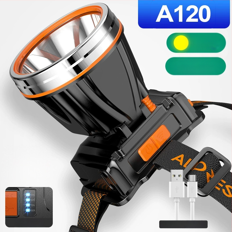 Lauko LED galvos žibintuvas – 10W, 2200mAh, rankinis įkrovimas, spindulys 200–500 m