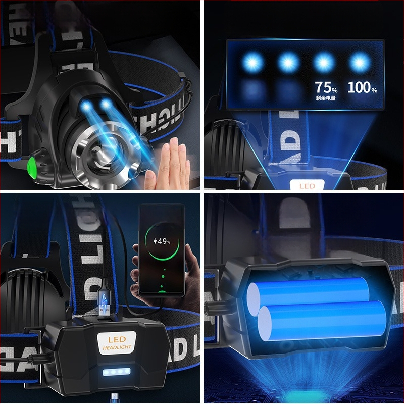 Naktinis žvejybos galvos žibintu – 10W LED, įkraunamas, rankinio energijos generatorius, aliuminio lydinio korpusas, spindulys 200–500 m