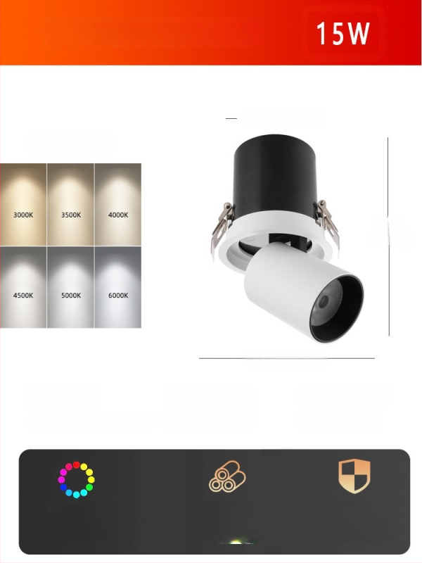 LED lubų spotas, įmontuojamas, reguliuojamas kampas, COB šviesos šaltinis, aliuminio korpusas, 220V, CRI ≥95