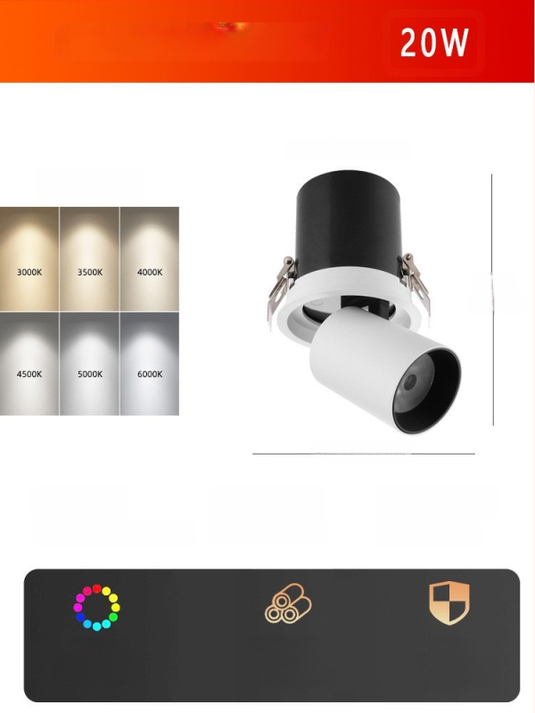 LED lubų spotas, įmontuojamas, reguliuojamas kampas, COB šviesos šaltinis, aliuminio korpusas, 220V, CRI ≥95