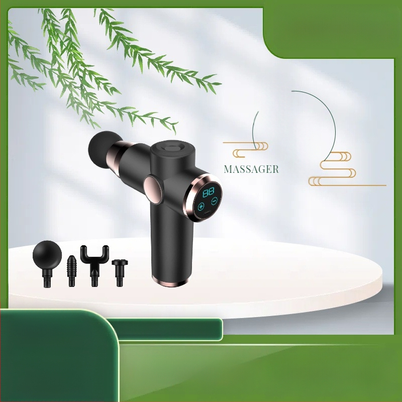 Fasijos masažo įrenginys su 5+ greičiais, LCD ekranas, 4 masažo galvutės, įmontuota baterija 1200–2000 mAh, 24 W galia, triukšmas iki 36 dB