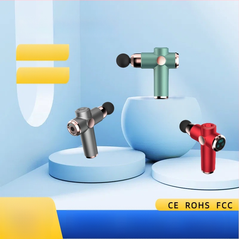 Fasijos masažo įrenginys su 5+ greičiais, LCD ekranas, 4 masažo galvutės, įmontuota baterija 1200–2000 mAh, 24 W galia, triukšmas iki 36 dB