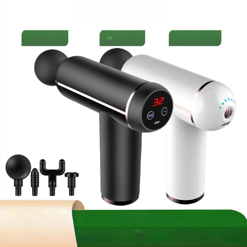 Mini fascijos masažuoklis su įmontuota baterija, šepetinis variklis, 4 masažo antgaliai, karštojo kompresijos funkcija, LCD ekranas su 32 lygiais