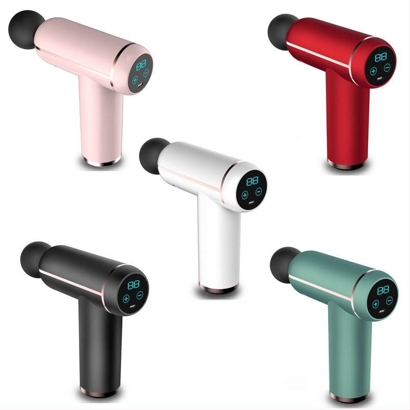 Mini fascijos masažuoklis su įmontuota baterija, šepetinis variklis, 4 masažo antgaliai, karštojo kompresijos funkcija, LCD ekranas su 32 lygiais