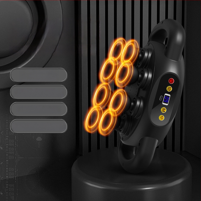 Fascia Gun raumenų masažuoklis - 4 galvos, šepetėlinis variklis, įmontuota baterija 1200–2000 mAh, LCD ekranas, 5+ greičio lygiai (triukšmas < 36 dB)