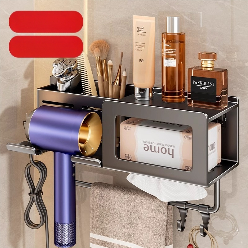 Plaukų džiovintuvo laikiklis su integruota rankšluosčio ir servetėlių saugykla – gręžimo nereikalaujanti įranga, aliuminio lydinys, 30 kg apkrova