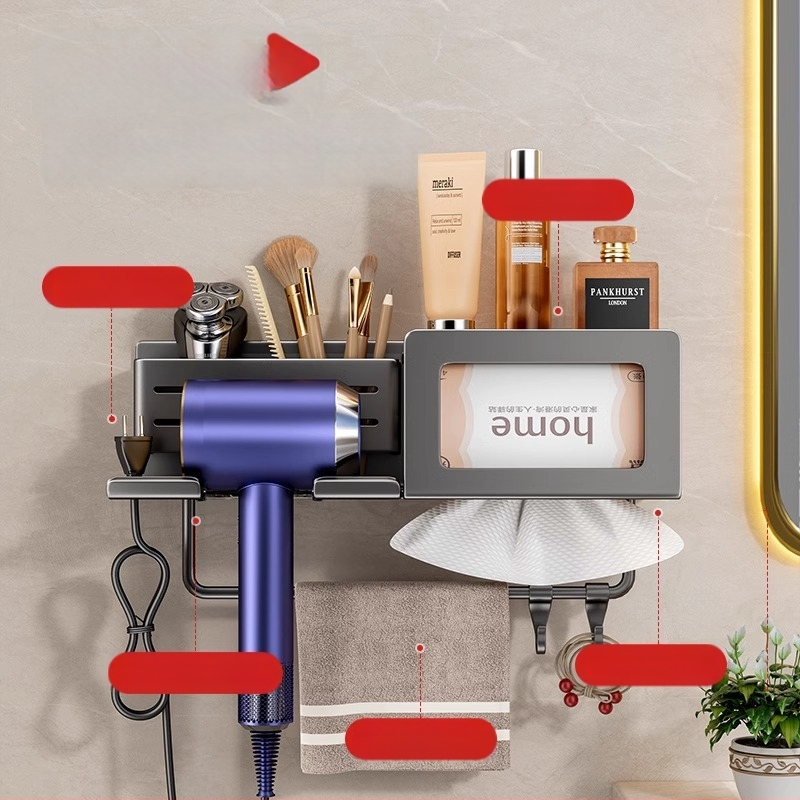 Plaukų džiovintuvo laikiklis su integruota rankšluosčio ir servetėlių saugykla – gręžimo nereikalaujanti įranga, aliuminio lydinys, 30 kg apkrova