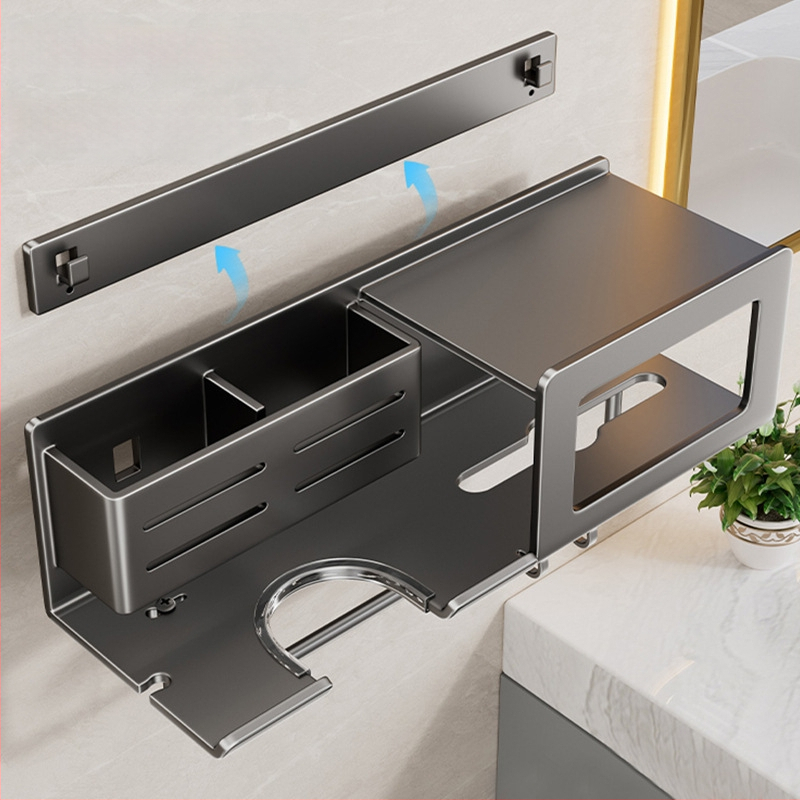 Plaukų džiovintuvo laikiklis su integruota rankšluosčio ir servetėlių saugykla – gręžimo nereikalaujanti įranga, aliuminio lydinys, 30 kg apkrova