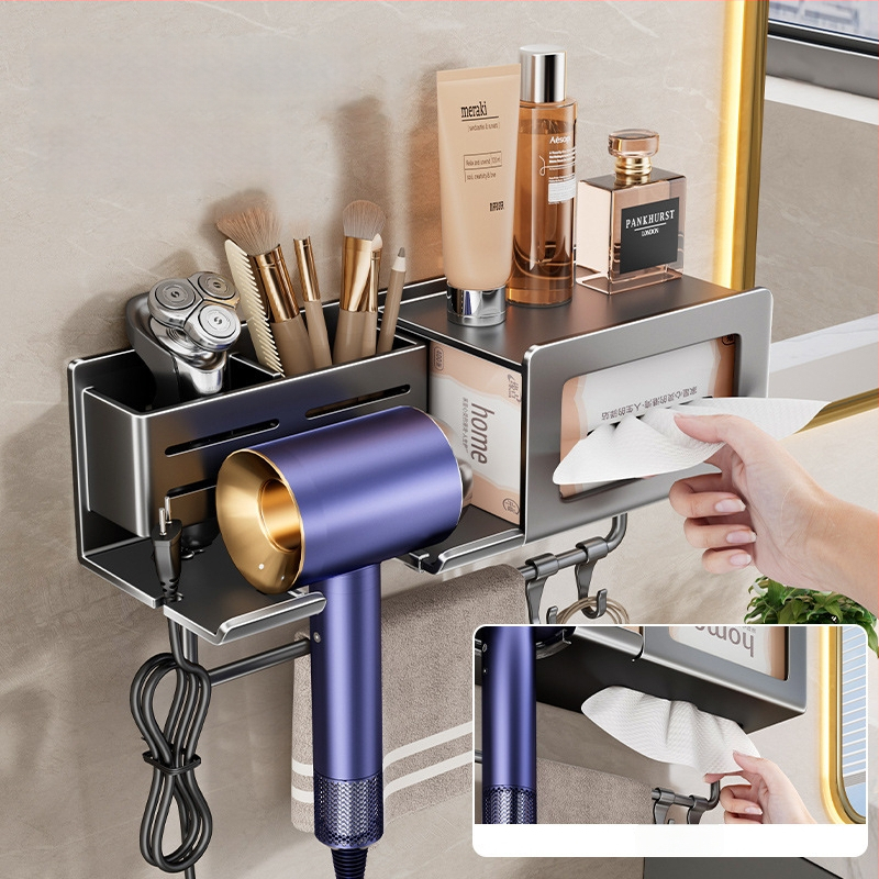 Plaukų džiovintuvo laikiklis su integruota rankšluosčio ir servetėlių saugykla – gręžimo nereikalaujanti įranga, aliuminio lydinys, 30 kg apkrova