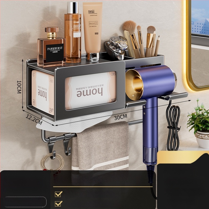 Plaukų džiovintuvo laikiklis su integruota rankšluosčio ir servetėlių saugykla – gręžimo nereikalaujanti įranga, aliuminio lydinys, 30 kg apkrova