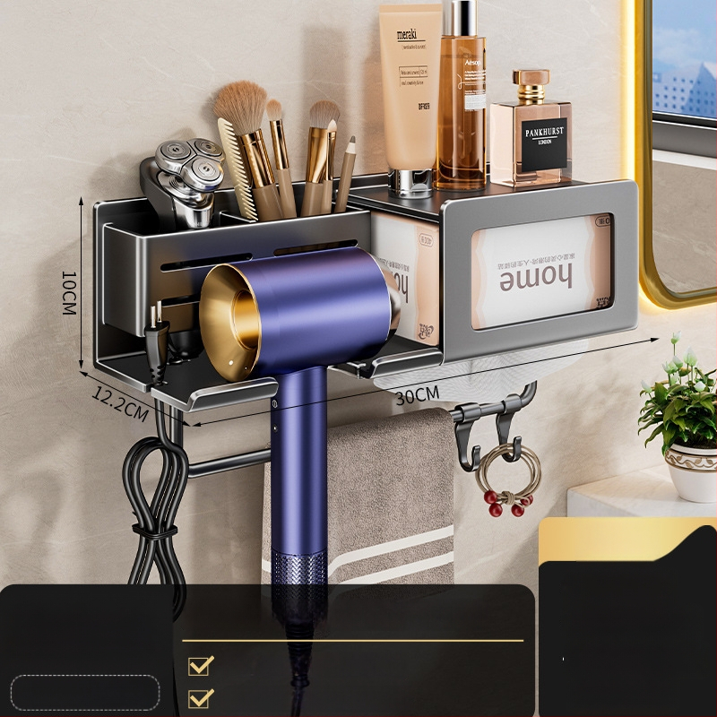 Plaukų džiovintuvo laikiklis su integruota rankšluosčio ir servetėlių saugykla – gręžimo nereikalaujanti įranga, aliuminio lydinys, 30 kg apkrova