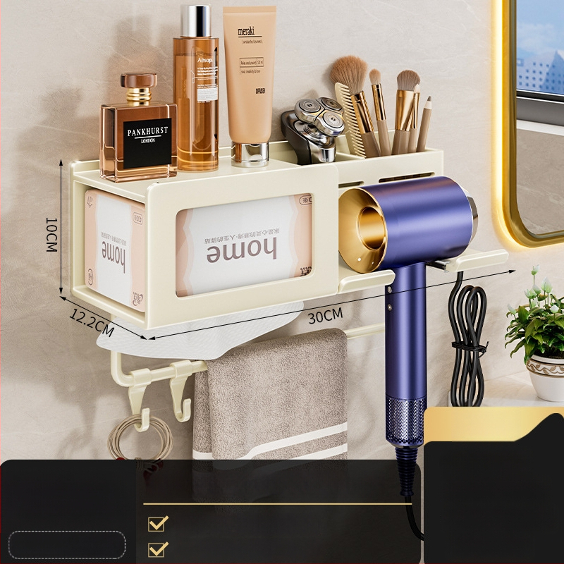 Plaukų džiovintuvo laikiklis su integruota rankšluosčio ir servetėlių saugykla – gręžimo nereikalaujanti įranga, aliuminio lydinys, 30 kg apkrova