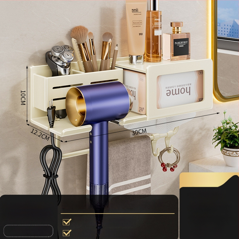 Plaukų džiovintuvo laikiklis su integruota rankšluosčio ir servetėlių saugykla – gręžimo nereikalaujanti įranga, aliuminio lydinys, 30 kg apkrova