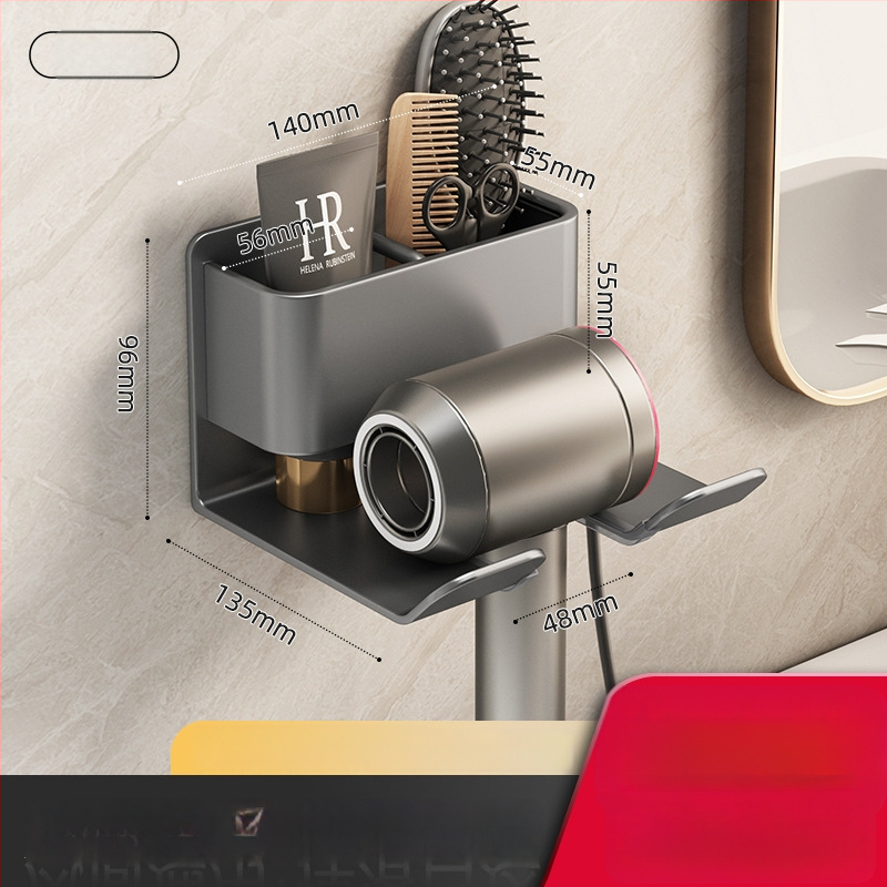 Plaukų džiovintuvo laikiklis su integruota rankšluosčio ir servetėlių saugykla – gręžimo nereikalaujanti įranga, aliuminio lydinys, 30 kg apkrova