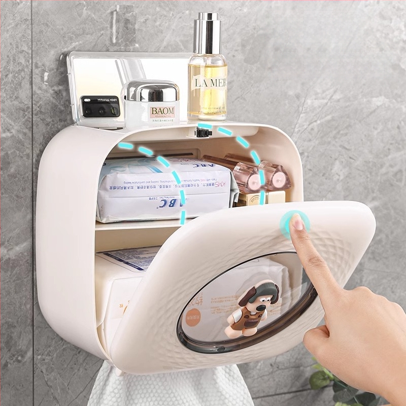 Sieninis plastikinis servetėlių dėklas vonios kambariui — atsparus vandeniui, daugiafunkcinis, su nuimamais popierinių servetėlių skyriumi