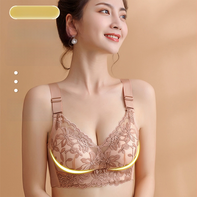 Moteriška be plieno žiedų push-up liemenėlė su nėrinių siuvinėjimu, kvėpuojanti, reguliuojami dirželiai