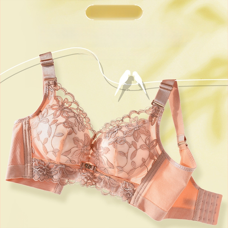 Moteriška be plieno žiedų push-up liemenėlė su nėrinių siuvinėjimu, kvėpuojanti, reguliuojami dirželiai