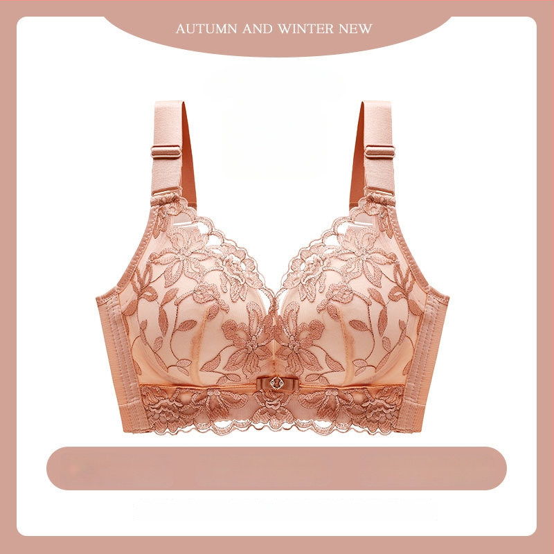 Moteriška be plieno žiedų push-up liemenėlė su nėrinių siuvinėjimu, kvėpuojanti, reguliuojami dirželiai