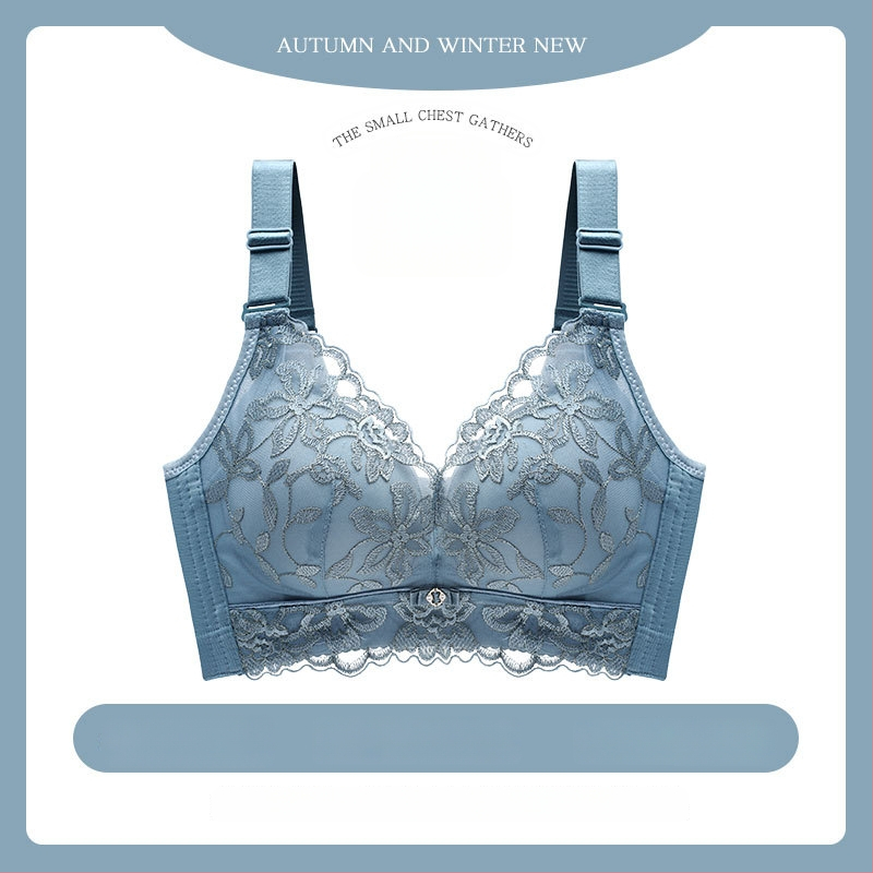 Moteriška be plieno žiedų push-up liemenėlė su nėrinių siuvinėjimu, kvėpuojanti, reguliuojami dirželiai