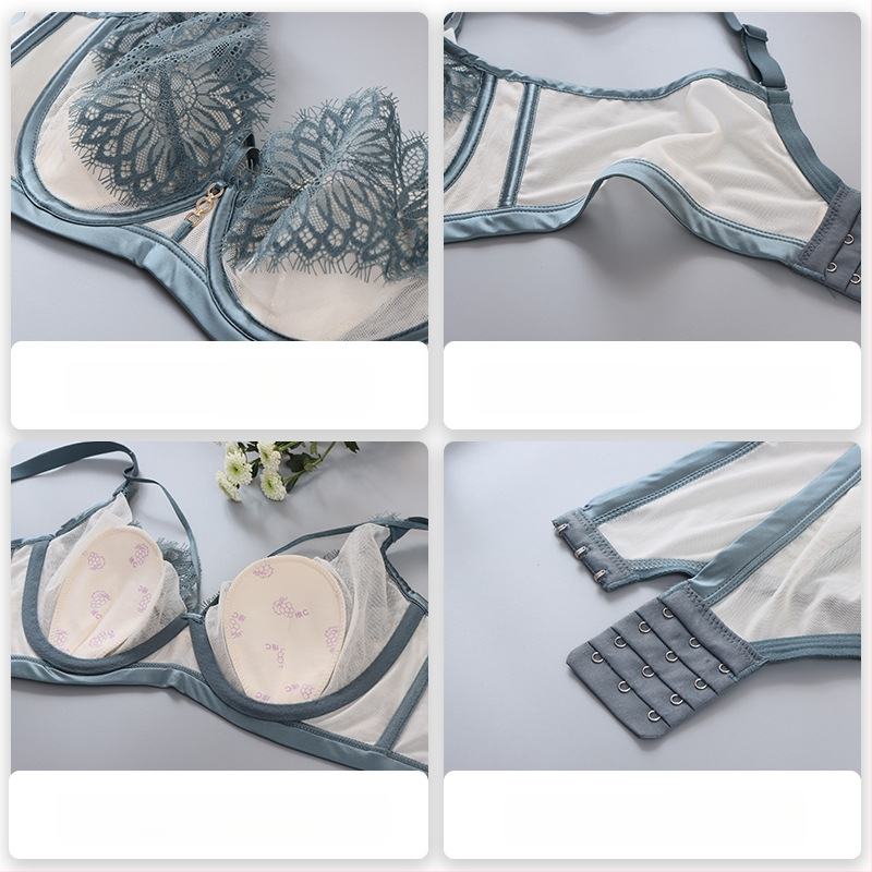 Prancūziško stiliaus nėrinių liemenėlė su plieniniu žiedu, plonos formuojamos kaušeliai, nugaros trijų eilių sagtelės, fiksuotos dvigubos petnešėlės