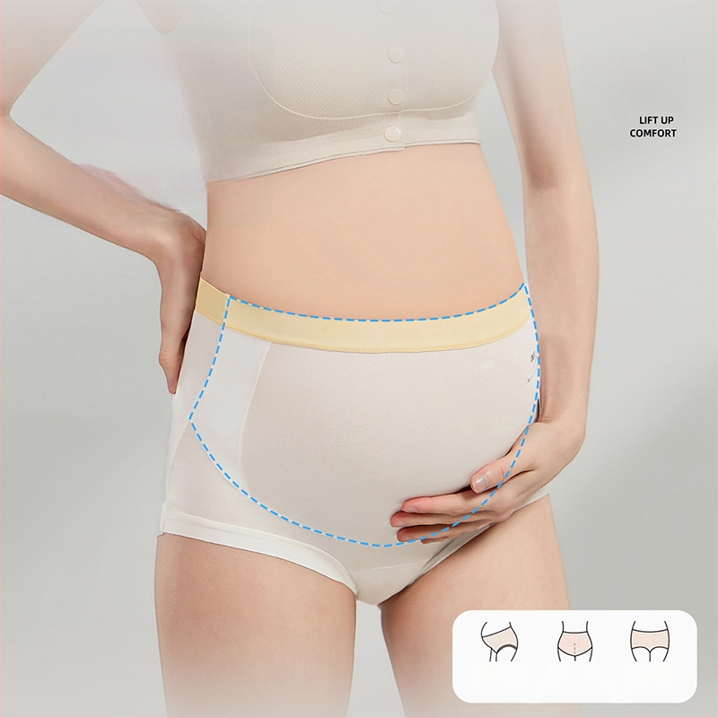 Nėščiųjų apatinių drabužių modelis su aukštu juosmeniu, pilvo parama, pagrindinis audinys 80–90% medvilnė, kirkšnies pamušalas 95–100% medvilnė