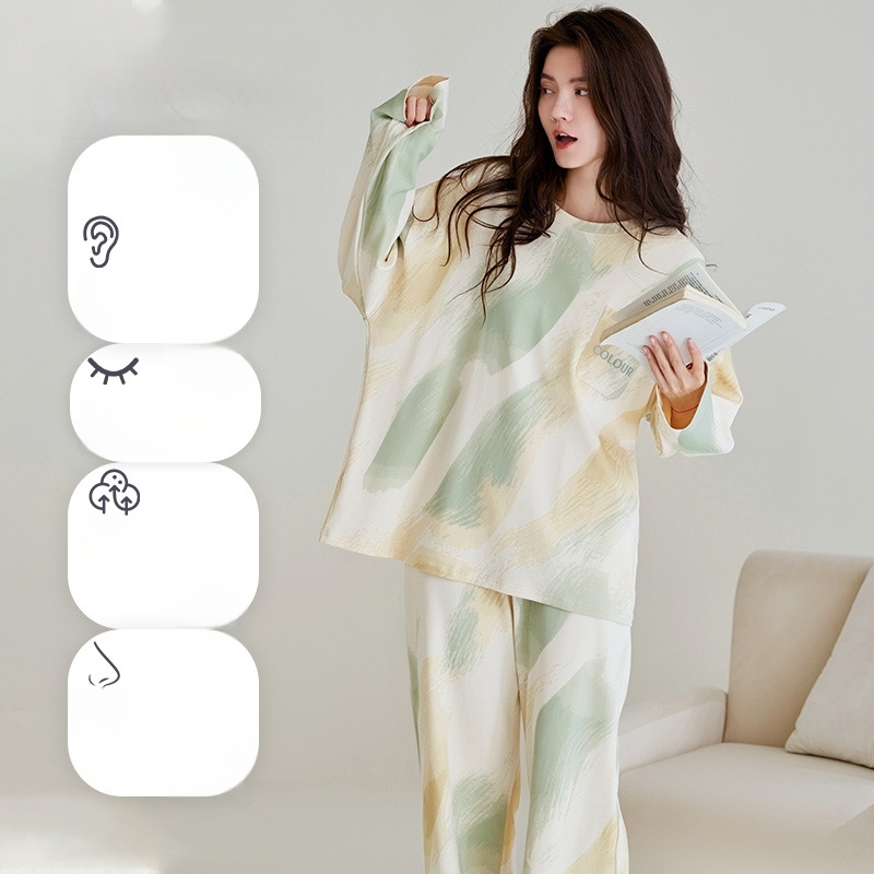 Naiste 100% puuvillast pyžama komplekt, pikkade varrukatega särgi ja püksid, ümmarguse kaelusega, hingav ja mugav, sobib kevadeks ja sügisel (riide tihedus 161-180 g/m2).