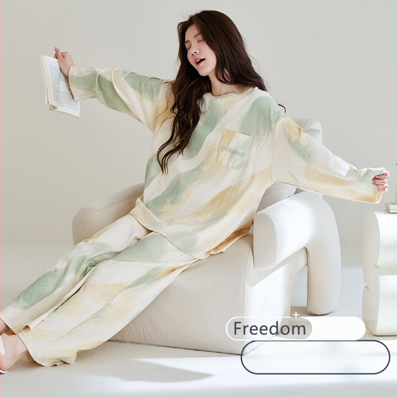 Naiste 100% puuvillast pyžama komplekt, pikkade varrukatega särgi ja püksid, ümmarguse kaelusega, hingav ja mugav, sobib kevadeks ja sügisel (riide tihedus 161-180 g/m2).