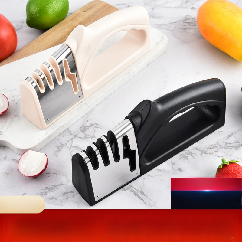 Keturi viename rankinis peilių aštrintuvas virtuvei su volframo plienu, keramikinėmis dalimis, ABS plastiku ir TPR rankenėle