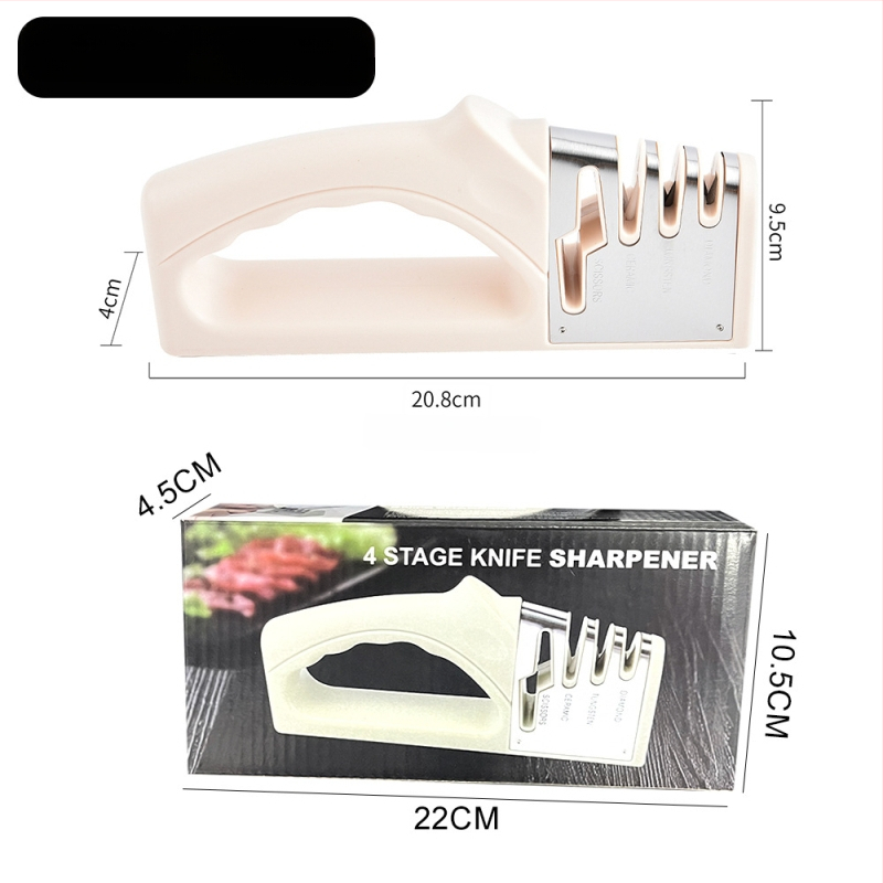 Keturi viename rankinis peilių aštrintuvas virtuvei su volframo plienu, keramikinėmis dalimis, ABS plastiku ir TPR rankenėle