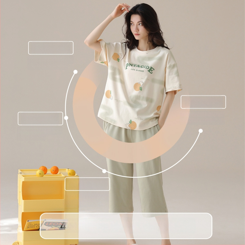 Naiste puuvillane pidžaamasegu, ümmarguse kaelusega top, 3/4 varrukad ja lühikesed püksid, 100% puuvill