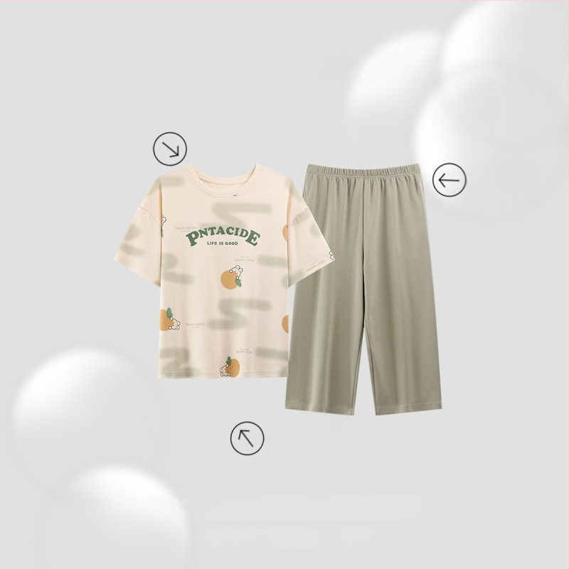 Naiste puuvillane pidžaamasegu, ümmarguse kaelusega top, 3/4 varrukad ja lühikesed püksid, 100% puuvill