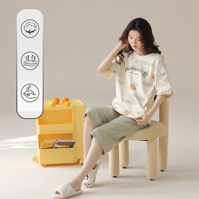 Naiste puuvillane pidžaamasegu, ümmarguse kaelusega top, 3/4 varrukad ja lühikesed püksid, 100% puuvill