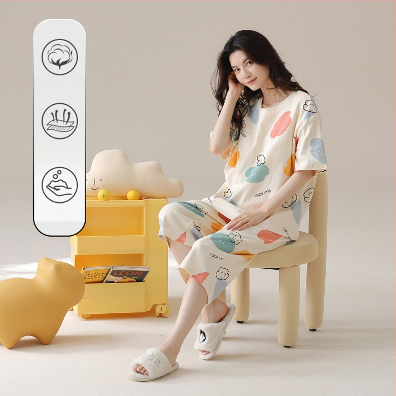 Naiste puuvillane pidžaamasegu, ümmarguse kaelusega top, 3/4 varrukad ja lühikesed püksid, 100% puuvill