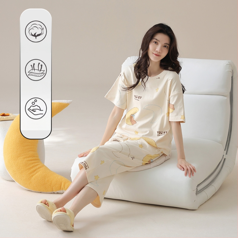 Naiste puuvillane pidžaamasegu, ümmarguse kaelusega top, 3/4 varrukad ja lühikesed püksid, 100% puuvill