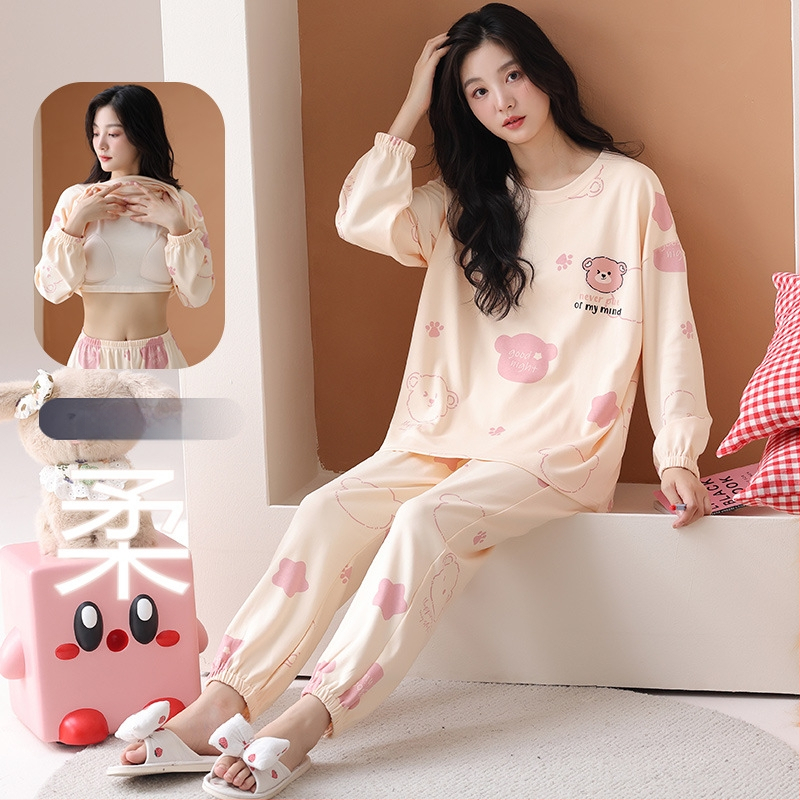Naiste puuvillased pidžaamad, kahekohaline komplekt, pikkade varrukatega, ümmarguse kaelusega, püksid, sõbralik ja armas stiil